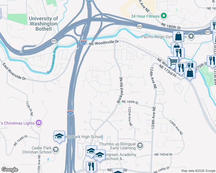 map of restaurants, bars, coffee shops, grocery stores, and more near 17205 119th Avenue Northeast in Bothell