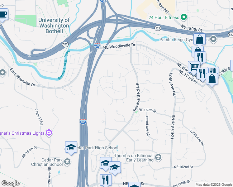 map of restaurants, bars, coffee shops, grocery stores, and more near 11820 Northeast 172nd Street in Bothell