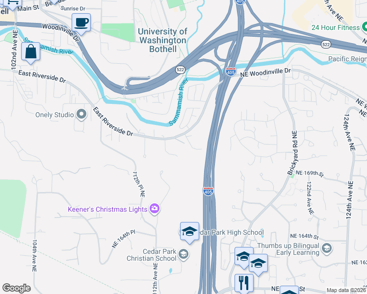 map of restaurants, bars, coffee shops, grocery stores, and more near 11331 East Riverside Drive in Bothell