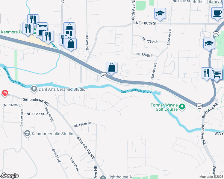 map of restaurants, bars, coffee shops, grocery stores, and more near 8601 Northeast 175th Street in Kenmore