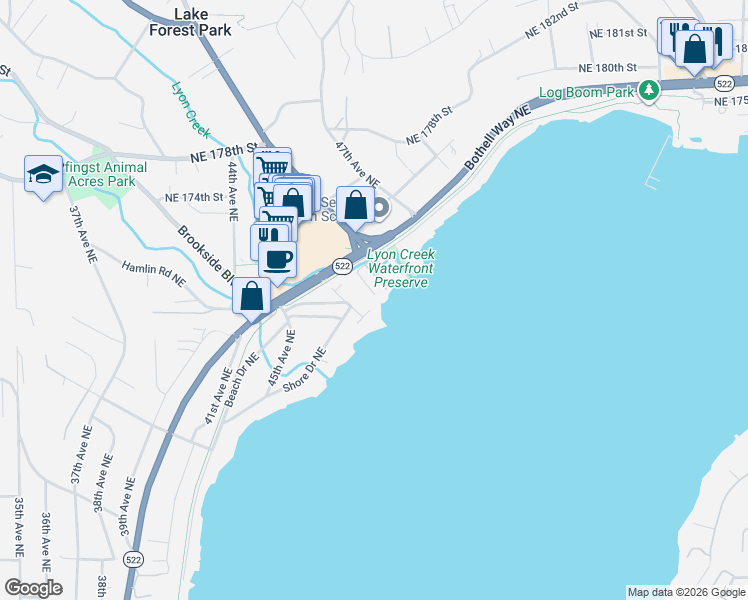 map of restaurants, bars, coffee shops, grocery stores, and more near 17315 Beach Drive Northeast in Lake Forest Park