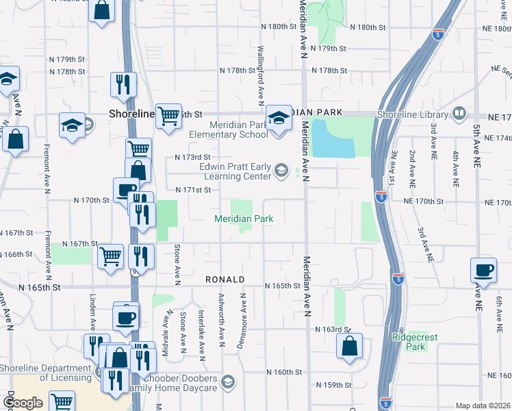 map of restaurants, bars, coffee shops, grocery stores, and more near 1618 North 170th Street in Shoreline