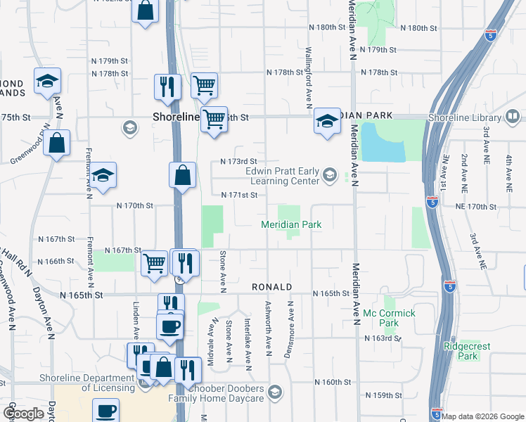 map of restaurants, bars, coffee shops, grocery stores, and more near 17004 Ashworth Avenue North in Shoreline