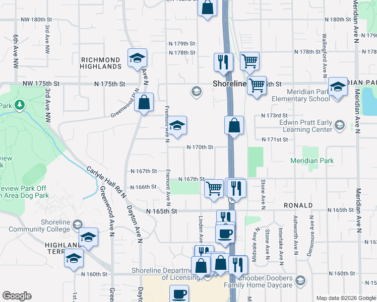 map of restaurants, bars, coffee shops, grocery stores, and more near 16755 Linden Avenue North in Shoreline