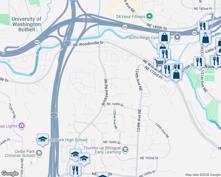 map of restaurants, bars, coffee shops, grocery stores, and more near 12118 Northeast 171st Place in Bothell