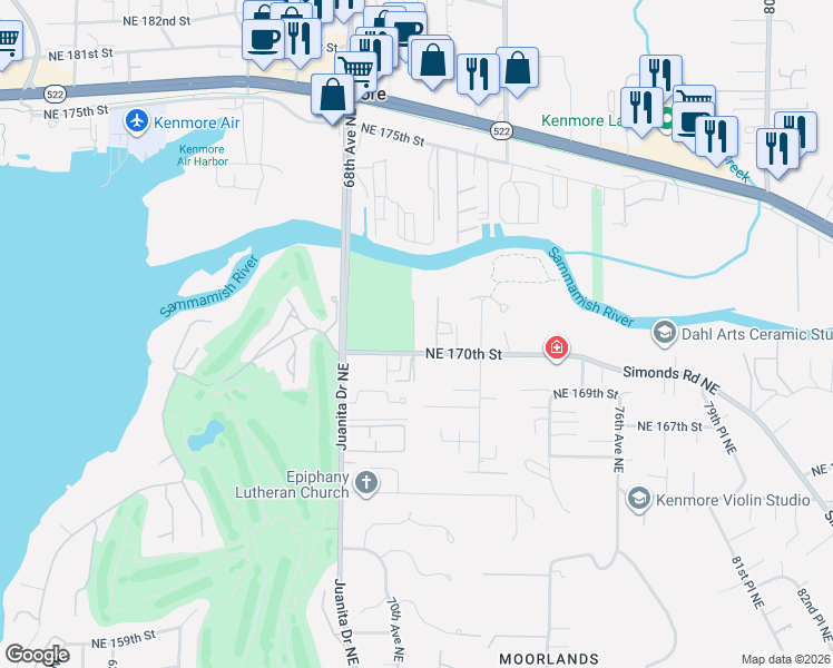 map of restaurants, bars, coffee shops, grocery stores, and more near 7002 Northeast 170th Street in Kenmore