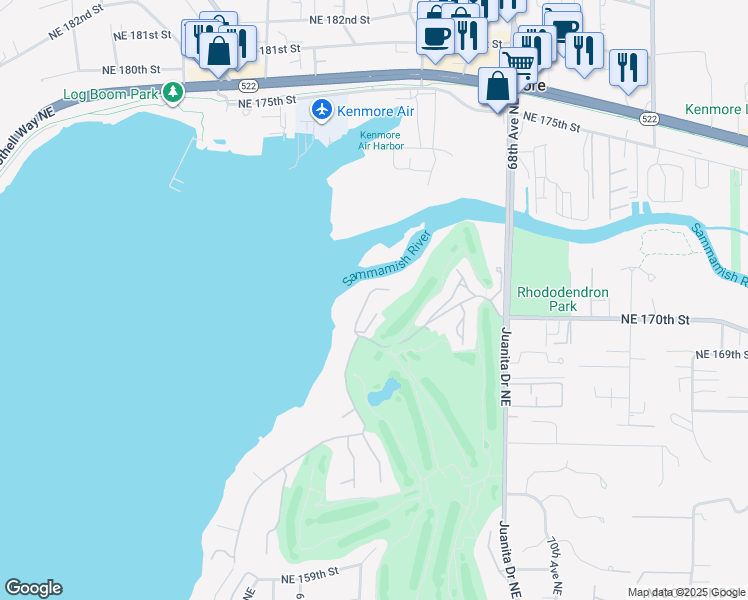 map of restaurants, bars, coffee shops, grocery stores, and more near 16925 Inglewood Road Northeast in Kenmore