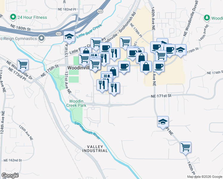 map of restaurants, bars, coffee shops, grocery stores, and more near 13550 Northeast Village Square Drive in Woodinville