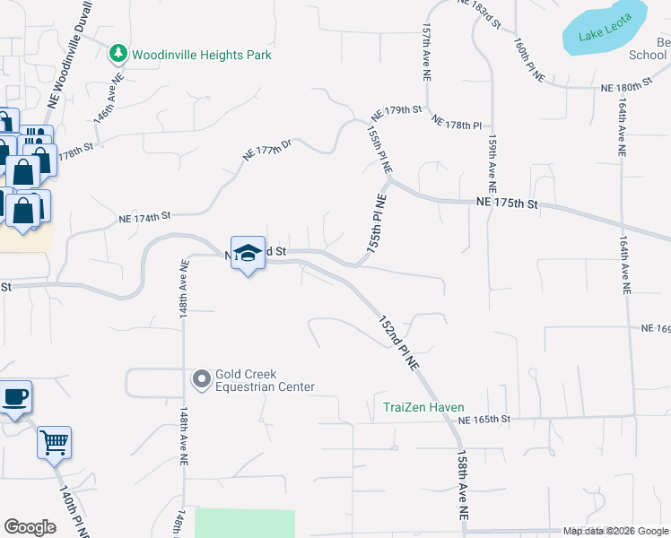 map of restaurants, bars, coffee shops, grocery stores, and more near 15311 Northeast 173rd Street in Woodinville