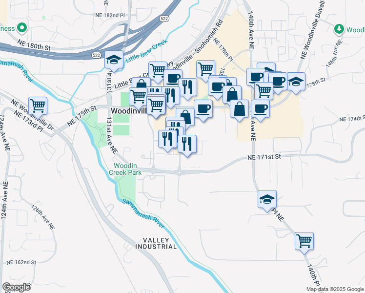 map of restaurants, bars, coffee shops, grocery stores, and more near 13550 Northeast Village Square Drive in Woodinville