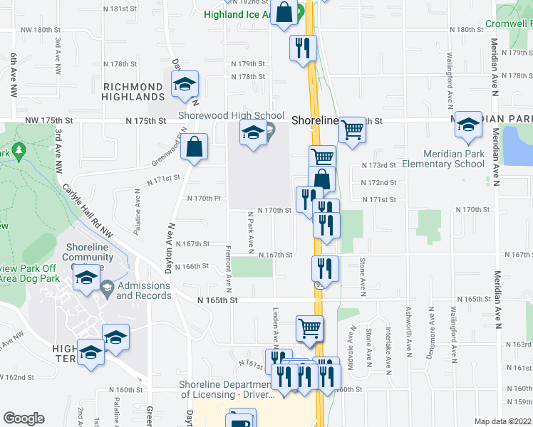 map of restaurants, bars, coffee shops, grocery stores, and more near 16755 Linden Avenue North in Shoreline