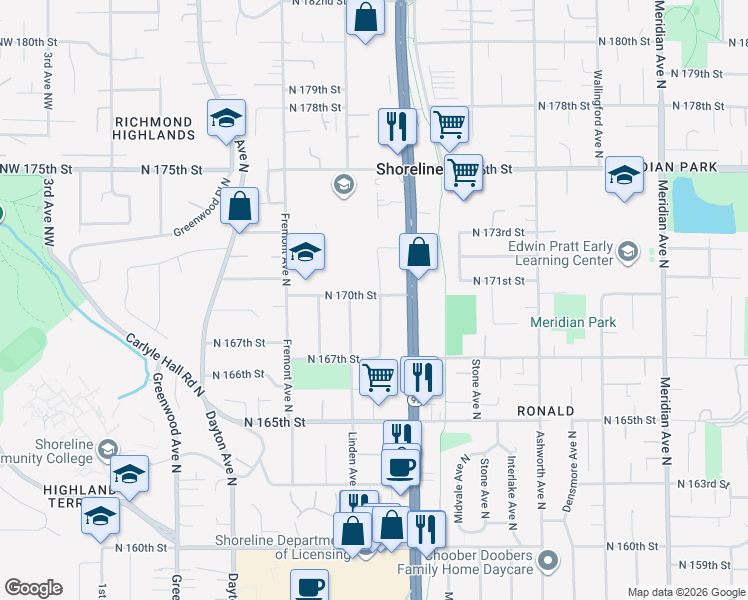 map of restaurants, bars, coffee shops, grocery stores, and more near 16757 Whitman Avenue North in Shoreline
