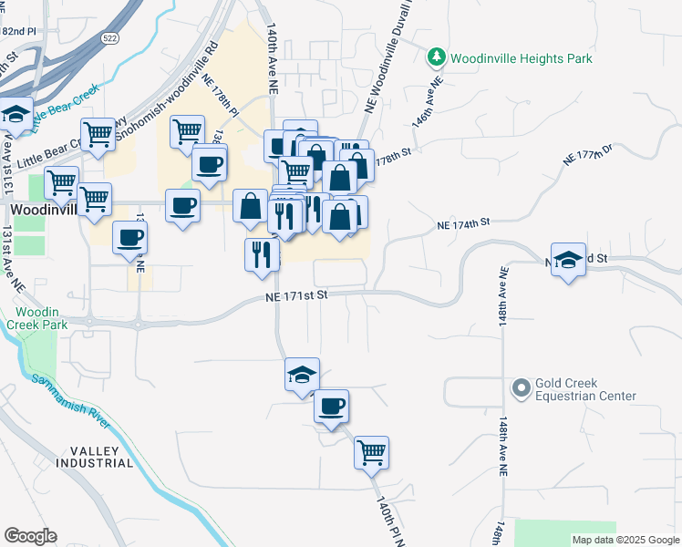 map of restaurants, bars, coffee shops, grocery stores, and more near 14200 Northeast 171st Street in Woodinville