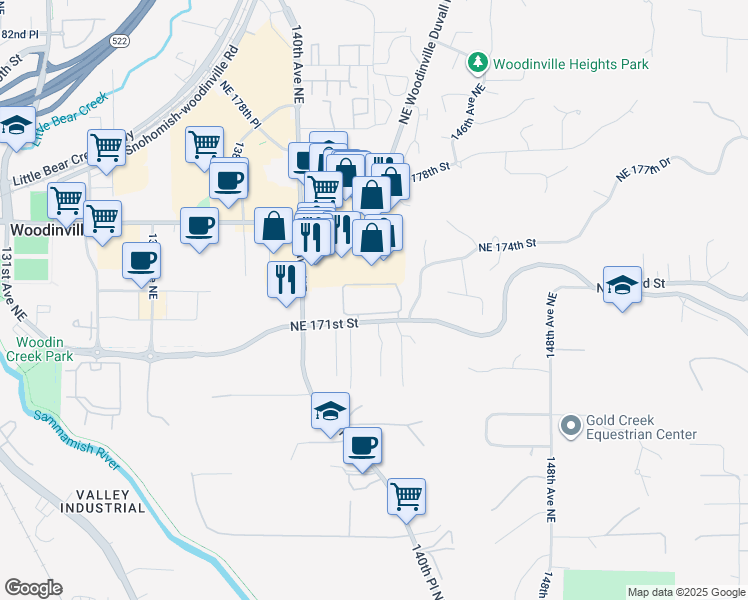 map of restaurants, bars, coffee shops, grocery stores, and more near 14200 Northeast 171st Street in Woodinville