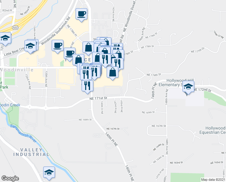 map of restaurants, bars, coffee shops, grocery stores, and more near 14200 Northeast 171st Street in Woodinville