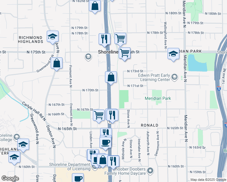 map of restaurants, bars, coffee shops, grocery stores, and more near 16750 Aurora Avenue North in Shoreline