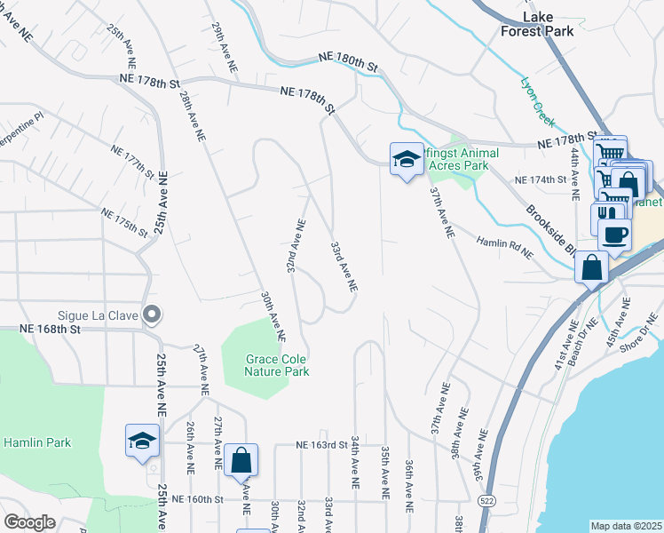 map of restaurants, bars, coffee shops, grocery stores, and more near 17012 33rd Avenue Northeast in Lake Forest Park