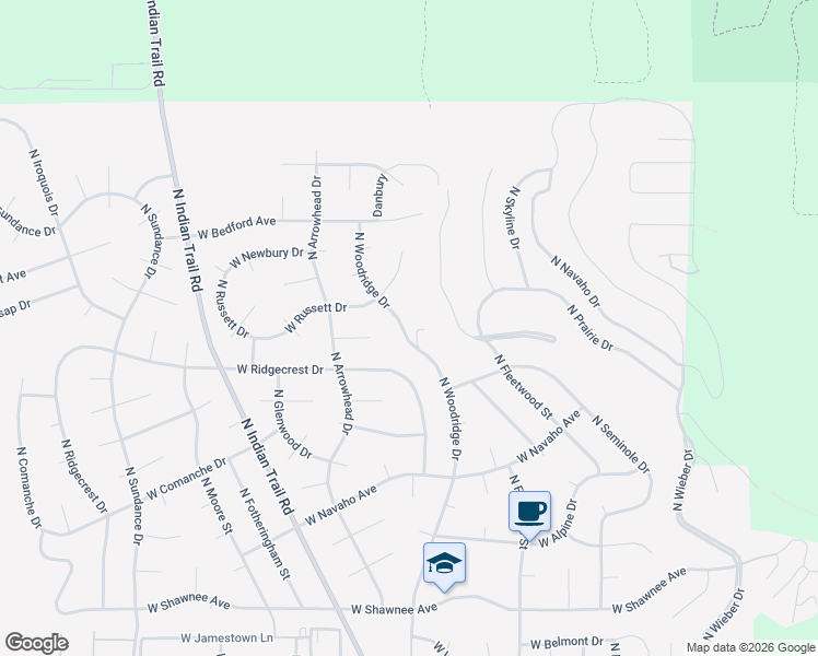 map of restaurants, bars, coffee shops, grocery stores, and more near 10404 North Woodridge Drive in Spokane