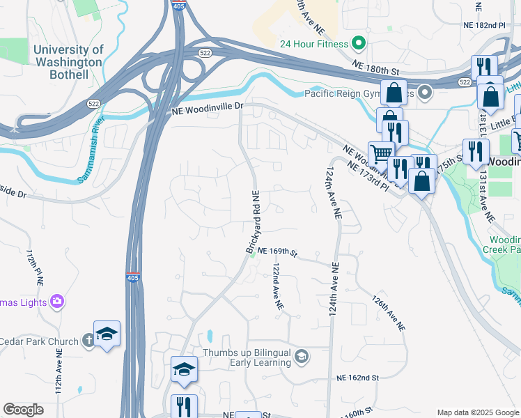 map of restaurants, bars, coffee shops, grocery stores, and more near 12113 Northeast 171st Place in Bothell