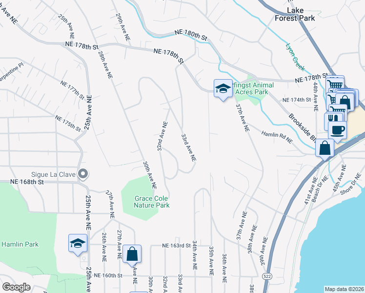 map of restaurants, bars, coffee shops, grocery stores, and more near 17012 33rd Avenue Northeast in Lake Forest Park