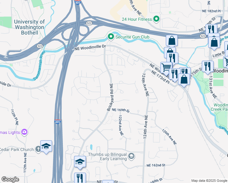 map of restaurants, bars, coffee shops, grocery stores, and more near 12113 Northeast 171st Place in Bothell