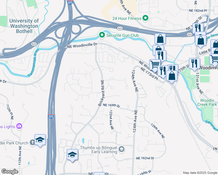 map of restaurants, bars, coffee shops, grocery stores, and more near 12105 Northeast 171st Place in Bothell