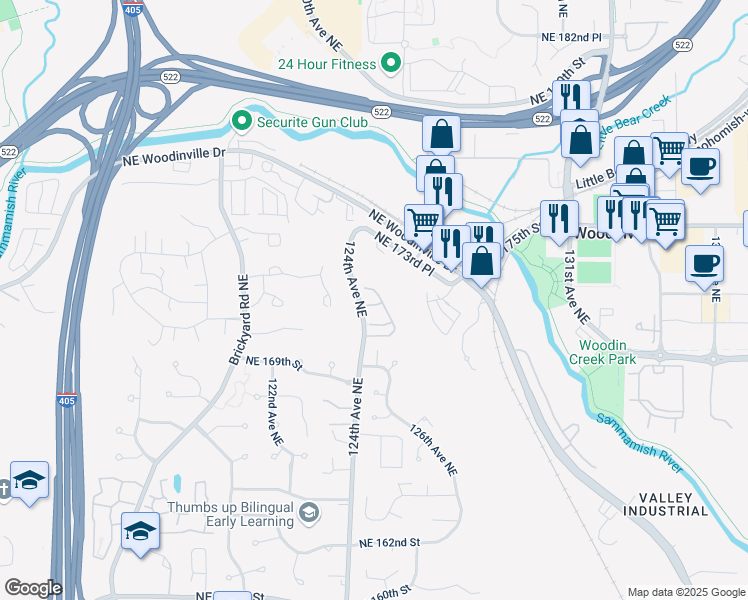 map of restaurants, bars, coffee shops, grocery stores, and more near 12414 Northeast 172nd Court in Woodinville