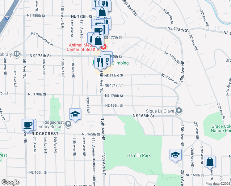 map of restaurants, bars, coffee shops, grocery stores, and more near 1542 Northeast 170th Street in Shoreline