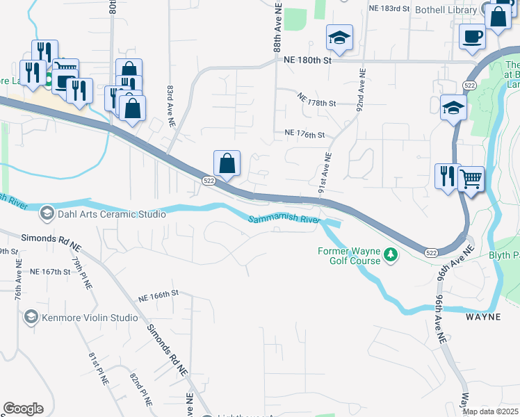 map of restaurants, bars, coffee shops, grocery stores, and more near 8715 Northeast 175th Street in Kenmore