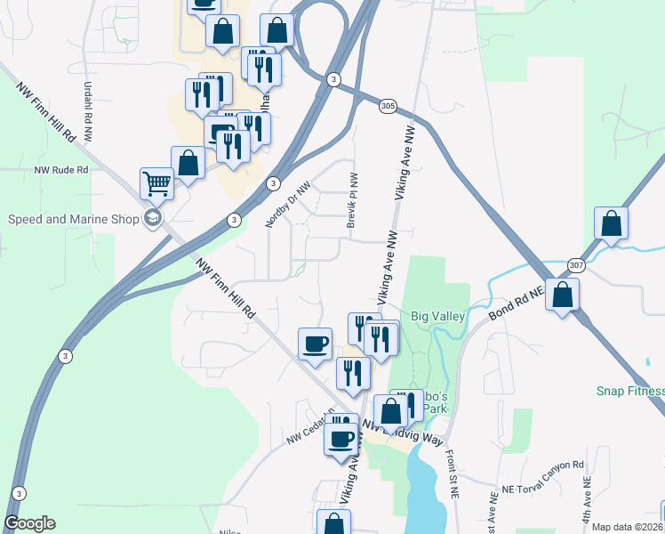 map of restaurants, bars, coffee shops, grocery stores, and more near 559 Northwest Arendal Way in Poulsbo