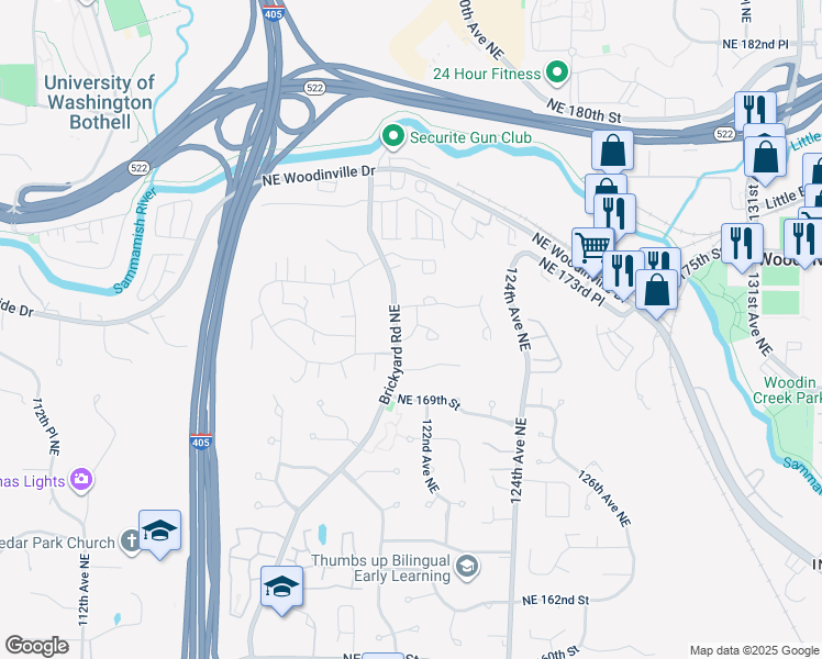 map of restaurants, bars, coffee shops, grocery stores, and more near 12113 Northeast 171st Place in Bothell