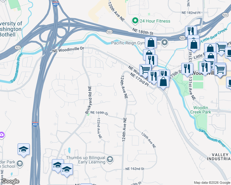 map of restaurants, bars, coffee shops, grocery stores, and more near 17101 123rd Place Northeast in Bothell