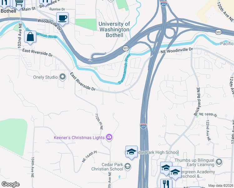 map of restaurants, bars, coffee shops, grocery stores, and more near 11227 East Riverside Drive in Bothell