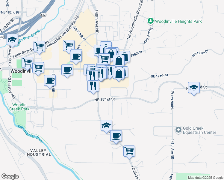 map of restaurants, bars, coffee shops, grocery stores, and more near 17110 140th Avenue Northeast in Woodinville