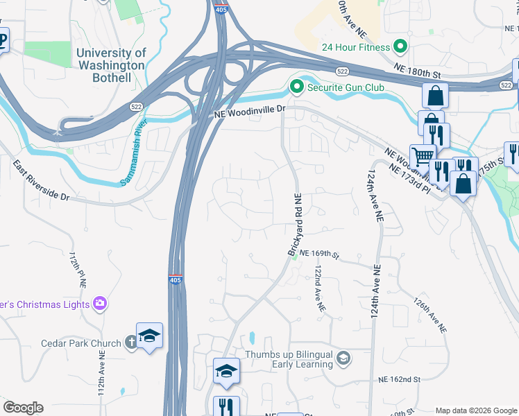 map of restaurants, bars, coffee shops, grocery stores, and more near 11820 Northeast 172nd Street in Bothell