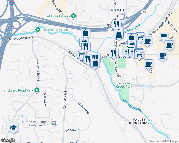 map of restaurants, bars, coffee shops, grocery stores, and more near 17220 127th Place Northeast in Woodinville