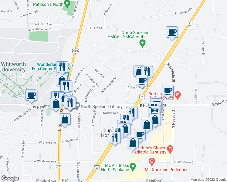 map of restaurants, bars, coffee shops, grocery stores, and more near 10616 North Humboldt Drive in Spokane