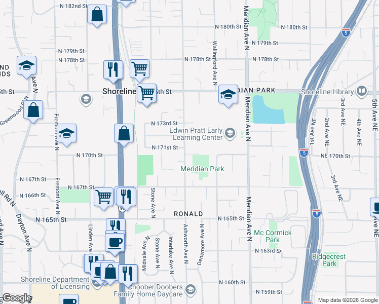 map of restaurants, bars, coffee shops, grocery stores, and more near 17004 Ashworth Ave N in Shoreline