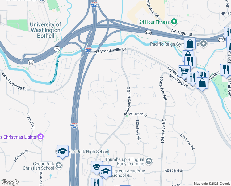 map of restaurants, bars, coffee shops, grocery stores, and more near 17205 119th Avenue Northeast in Bothell