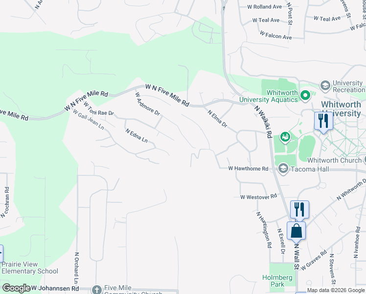 map of restaurants, bars, coffee shops, grocery stores, and more near 10611 North Juanita Road in Spokane