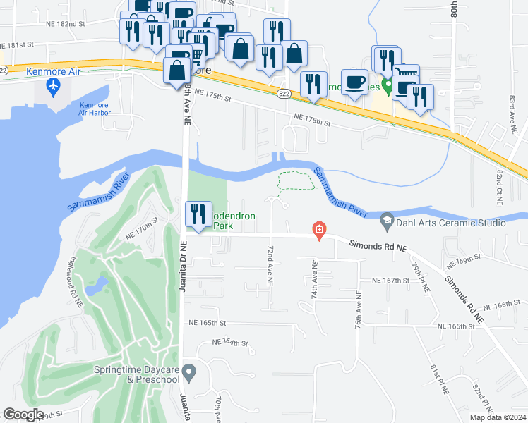 map of restaurants, bars, coffee shops, grocery stores, and more near 17031 72nd Avenue Northeast in Kenmore