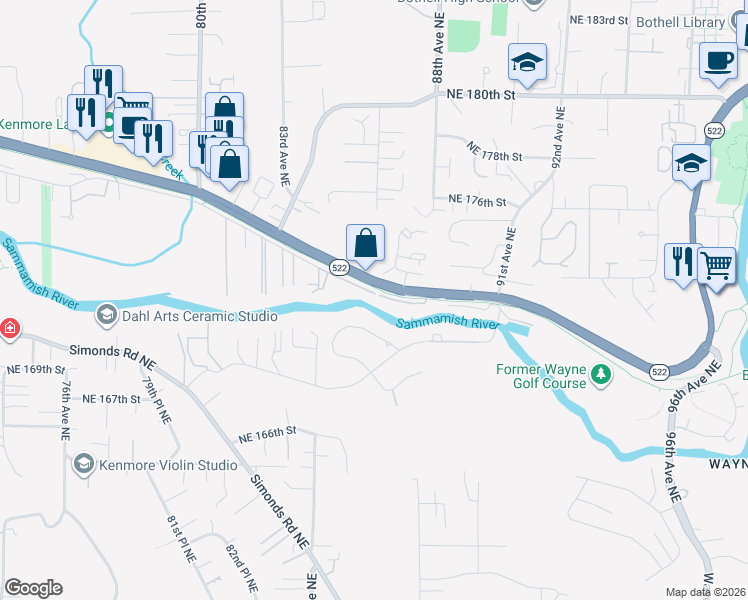 map of restaurants, bars, coffee shops, grocery stores, and more near 8601 Northeast 175th Street in Kenmore
