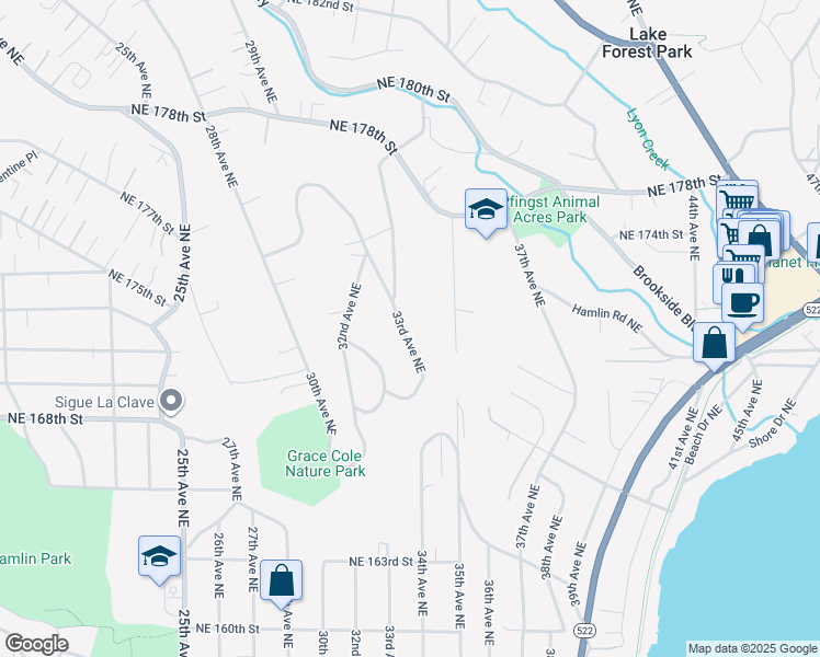 map of restaurants, bars, coffee shops, grocery stores, and more near 17012 33rd Avenue Northeast in Lake Forest Park