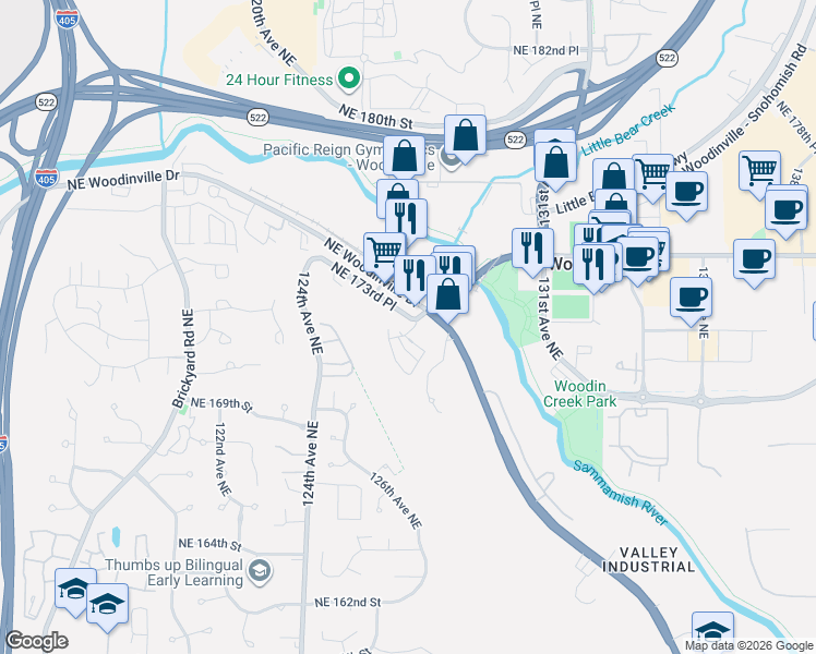 map of restaurants, bars, coffee shops, grocery stores, and more near 17220 127th Place Northeast in Woodinville