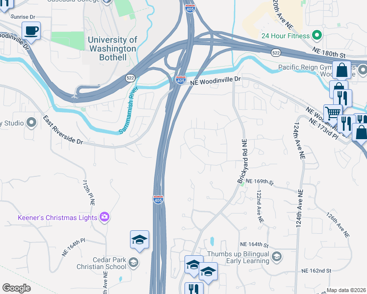 map of restaurants, bars, coffee shops, grocery stores, and more near 11701 Northeast 172nd Street in Bothell