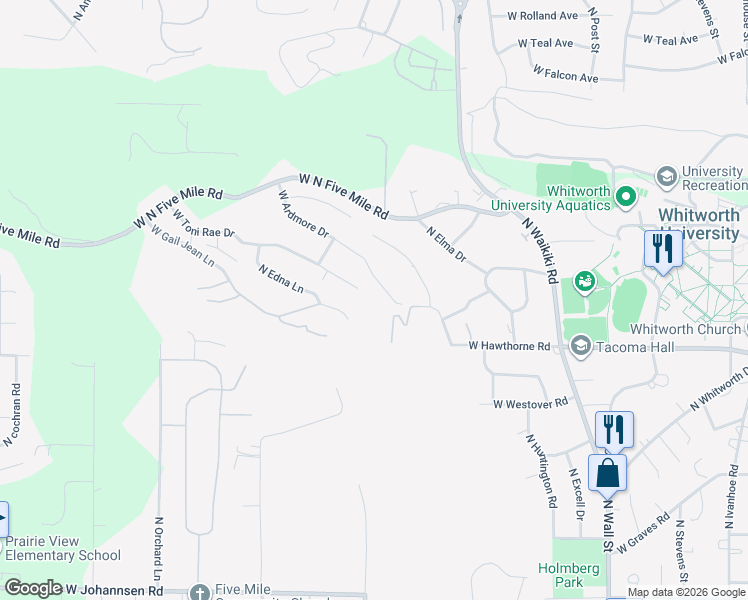map of restaurants, bars, coffee shops, grocery stores, and more near 10611 North Juanita Road in Spokane