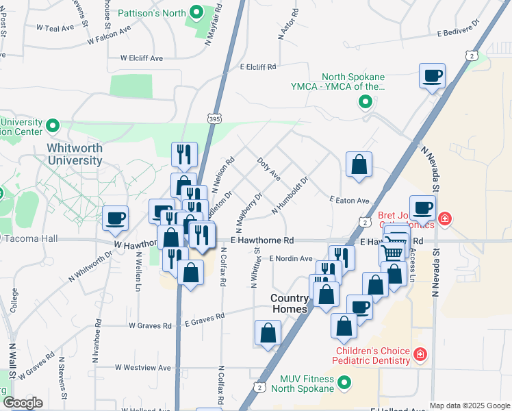 map of restaurants, bars, coffee shops, grocery stores, and more near 10420 North Mayberry Drive in Spokane