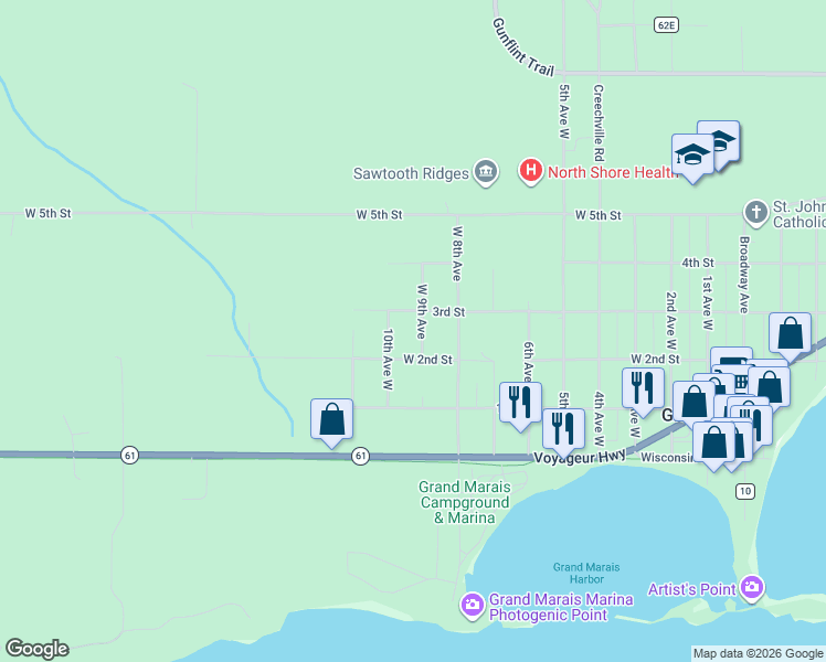 map of restaurants, bars, coffee shops, grocery stores, and more near 134 10th Avenue West in Grand Marais