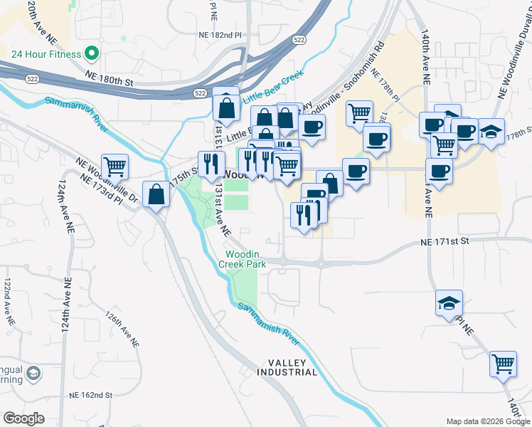 map of restaurants, bars, coffee shops, grocery stores, and more near 17301 133rd Avenue Northeast in Woodinville