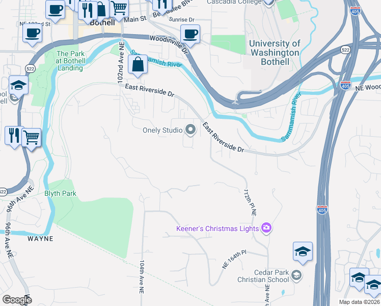 map of restaurants, bars, coffee shops, grocery stores, and more near 10631 Northeast 173rd Place in Bothell